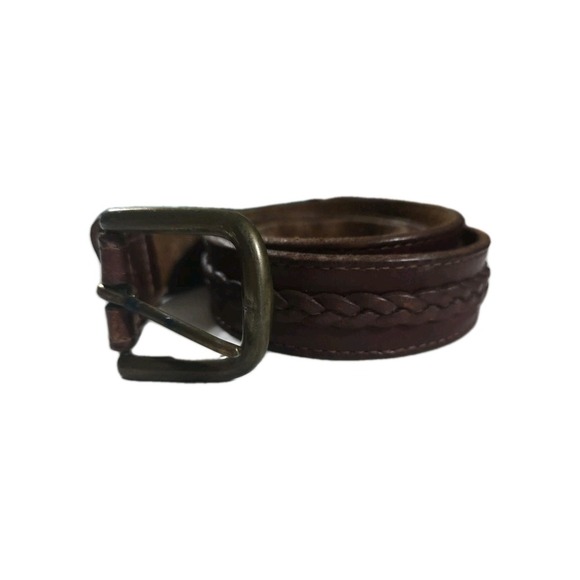 Leather Belt Brass Buckle Braid Inlay, Brown, Size 36 - Picture 2 of 6